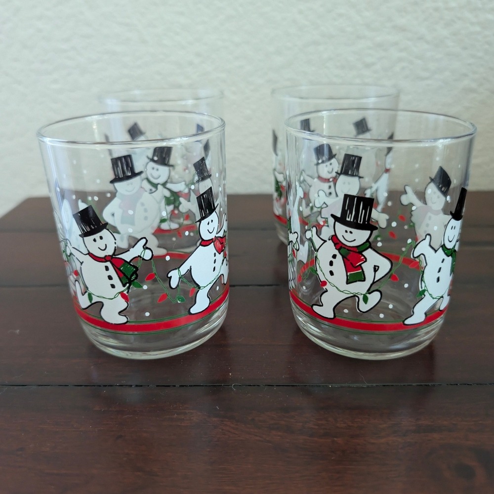 Vintage‎ Dancing Snowman Christmas Tumblers Lowball 4" Glasses Set of 4